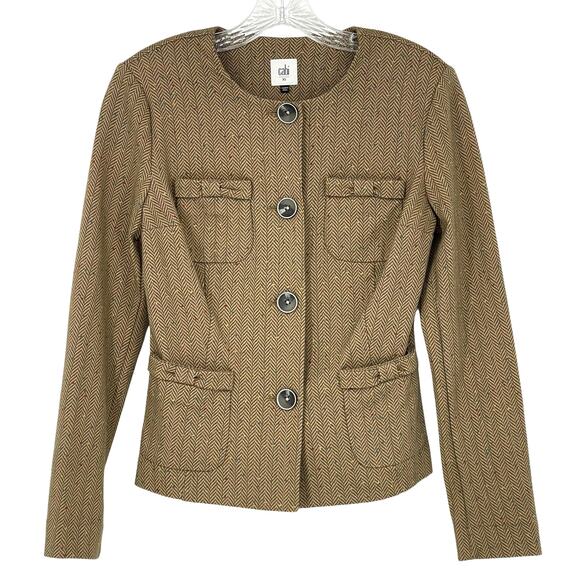 CAbi Jackets & Blazers - Cabi Tan Striped Herringbone Blazer Sz XSmall Bow Pockets Quiet Luxury Preppy
